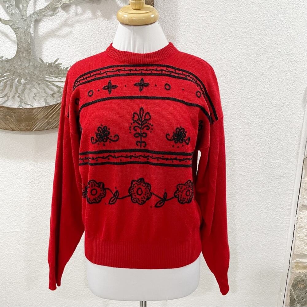 Vintage Obermeyer Lucia Embroidered Wool Blend Ski Sweater 80s Red Black
